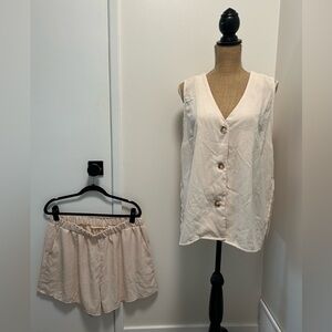 Cream Sleeveless Button-Down Top and Shorts Set